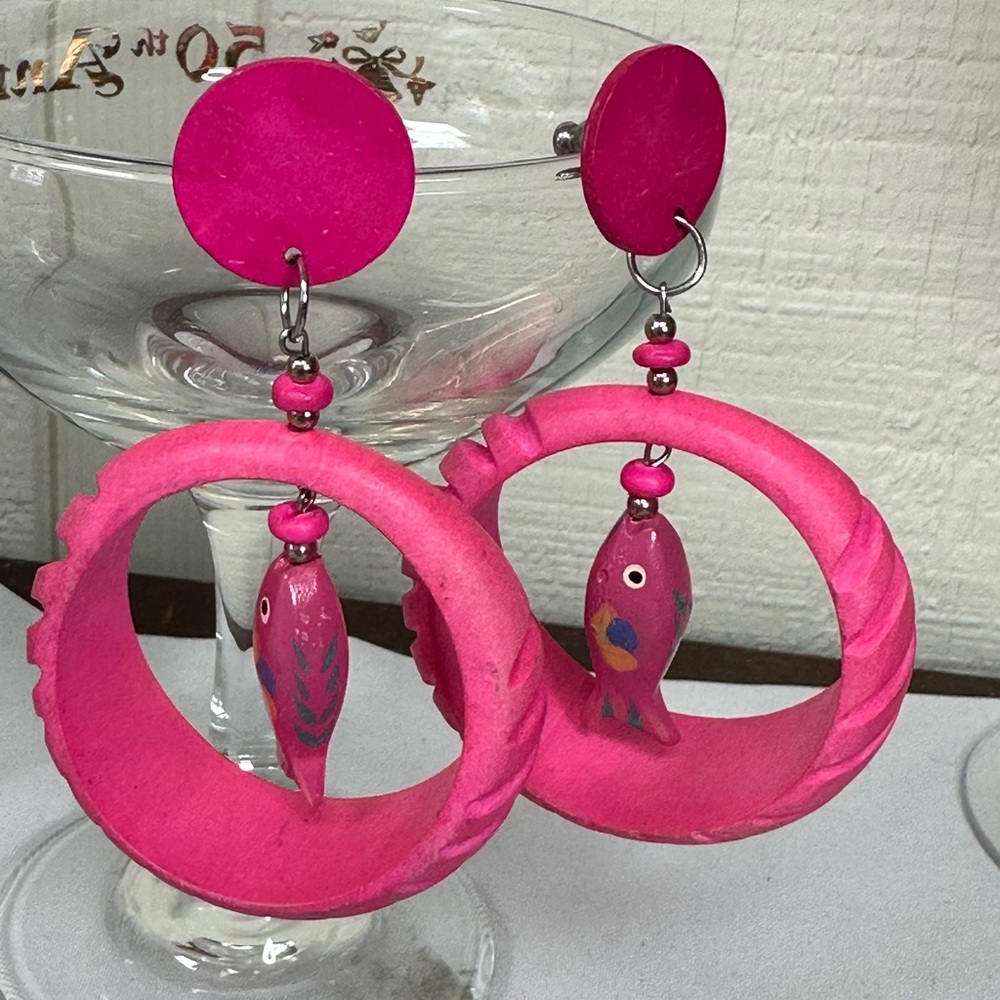 Funky hot pink open hoop fish earrings